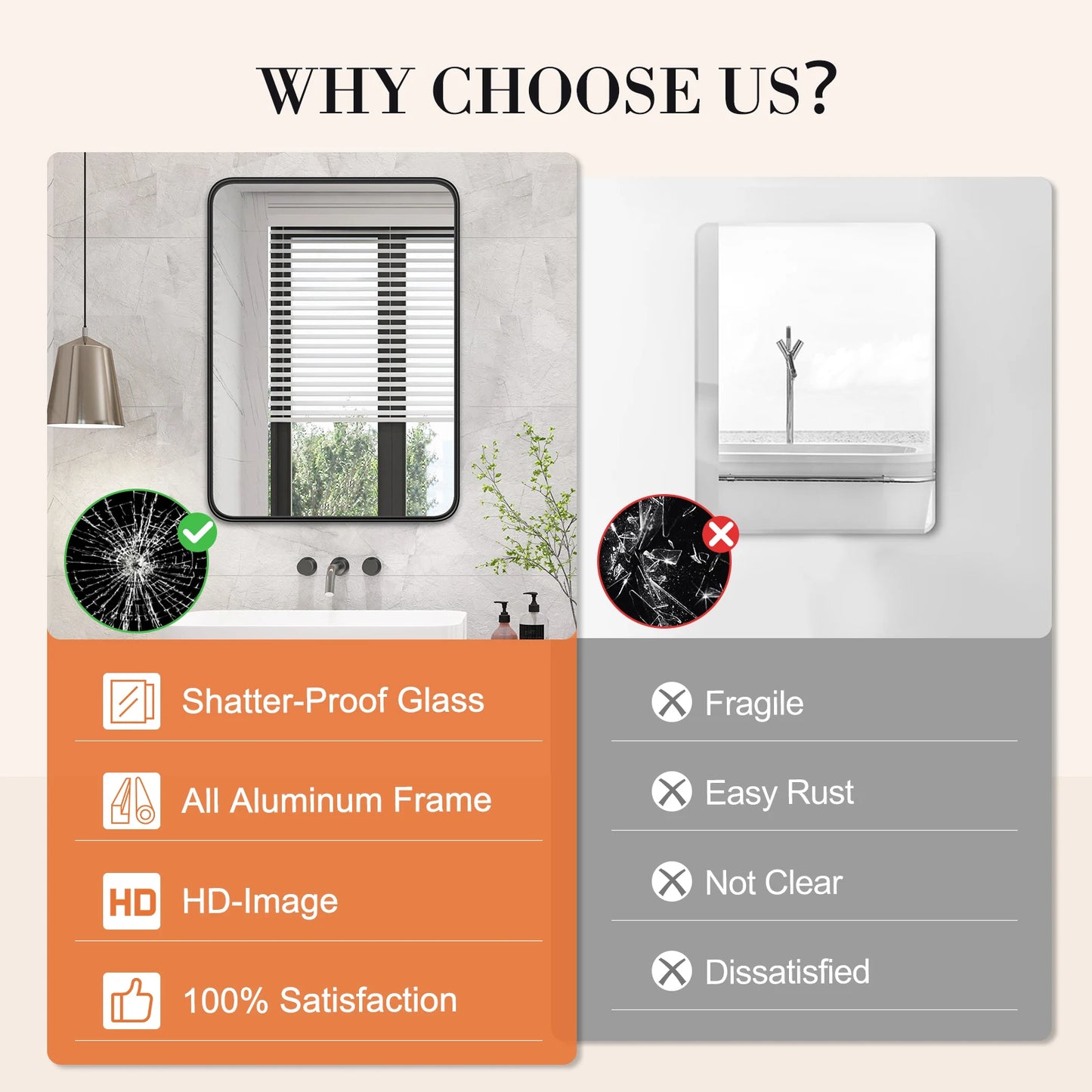 JHK Matte Metal Framed Bathroom Mirror With Tempered Glass