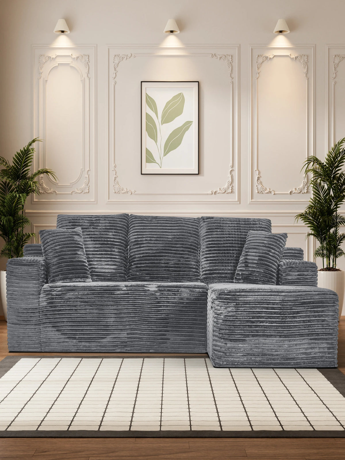 107 Inch L-Shaped Modular Sofa with Recliner and Chaise, Plush Corduroy Cloud Couch Sleeper, No Assembly Deep Seat Sectional for Living Room Apartment, Black