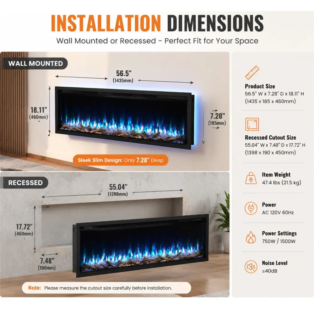 Wall Mounted Electric Fireplace Heater With Crystal Log Set Remote