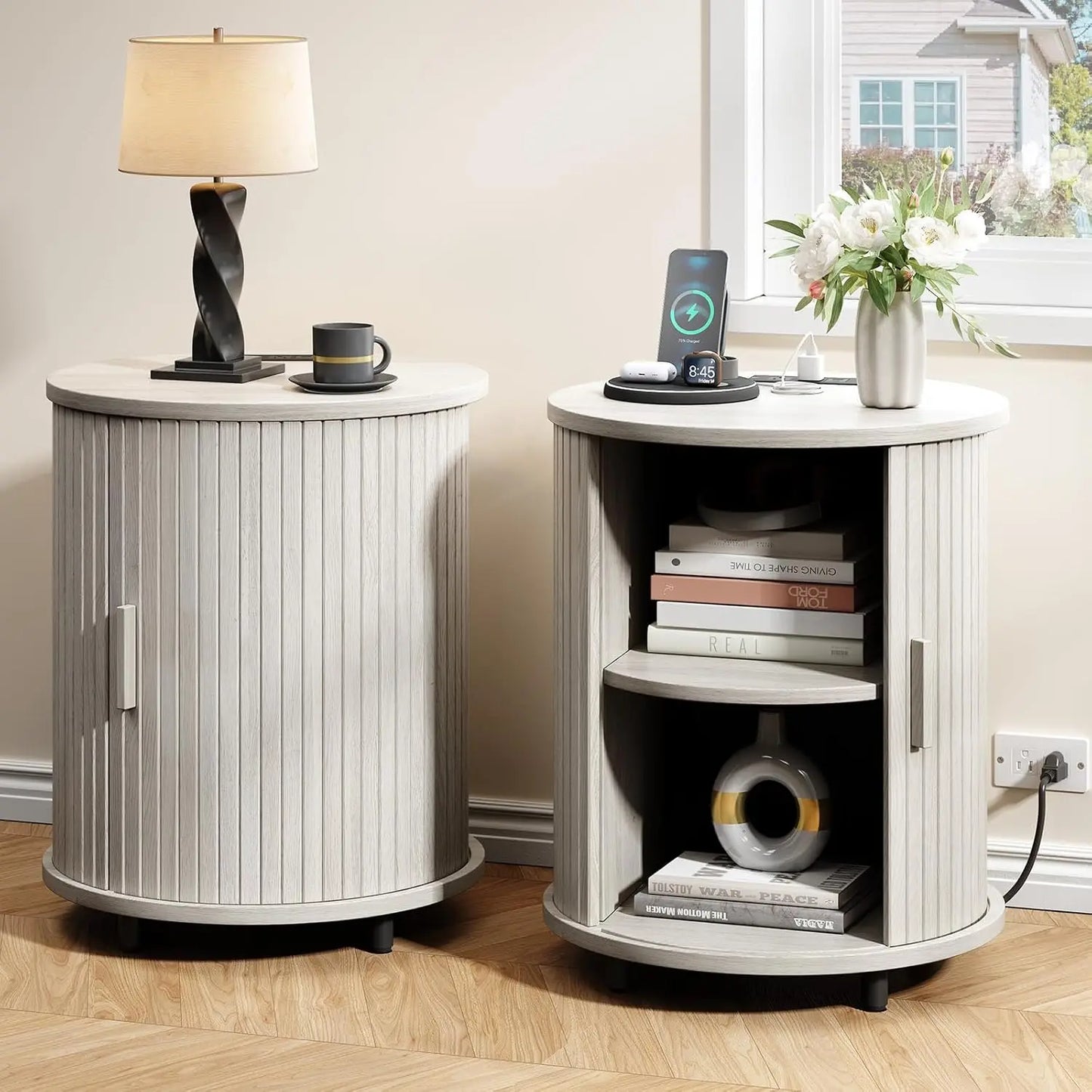 ONBRILL Fluted Round Nightstands Set of 2 Modern Wooden Tables