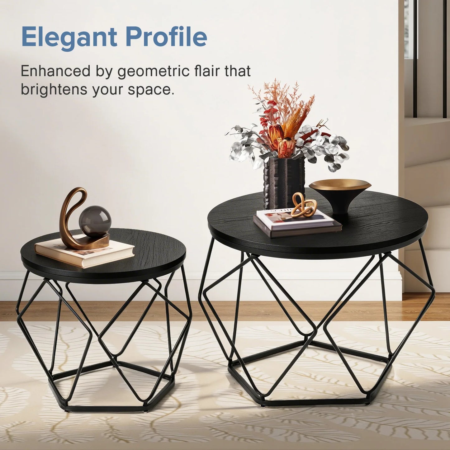 JHK Round Geometric Nested Coffee Table Set For Living Room