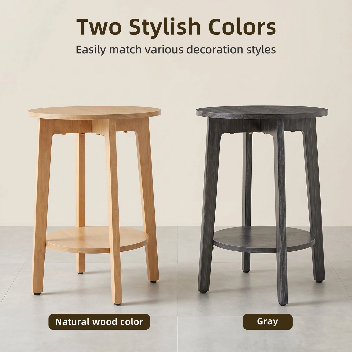 JHK Wood Round Side Table With Two Tier Storage Shelf