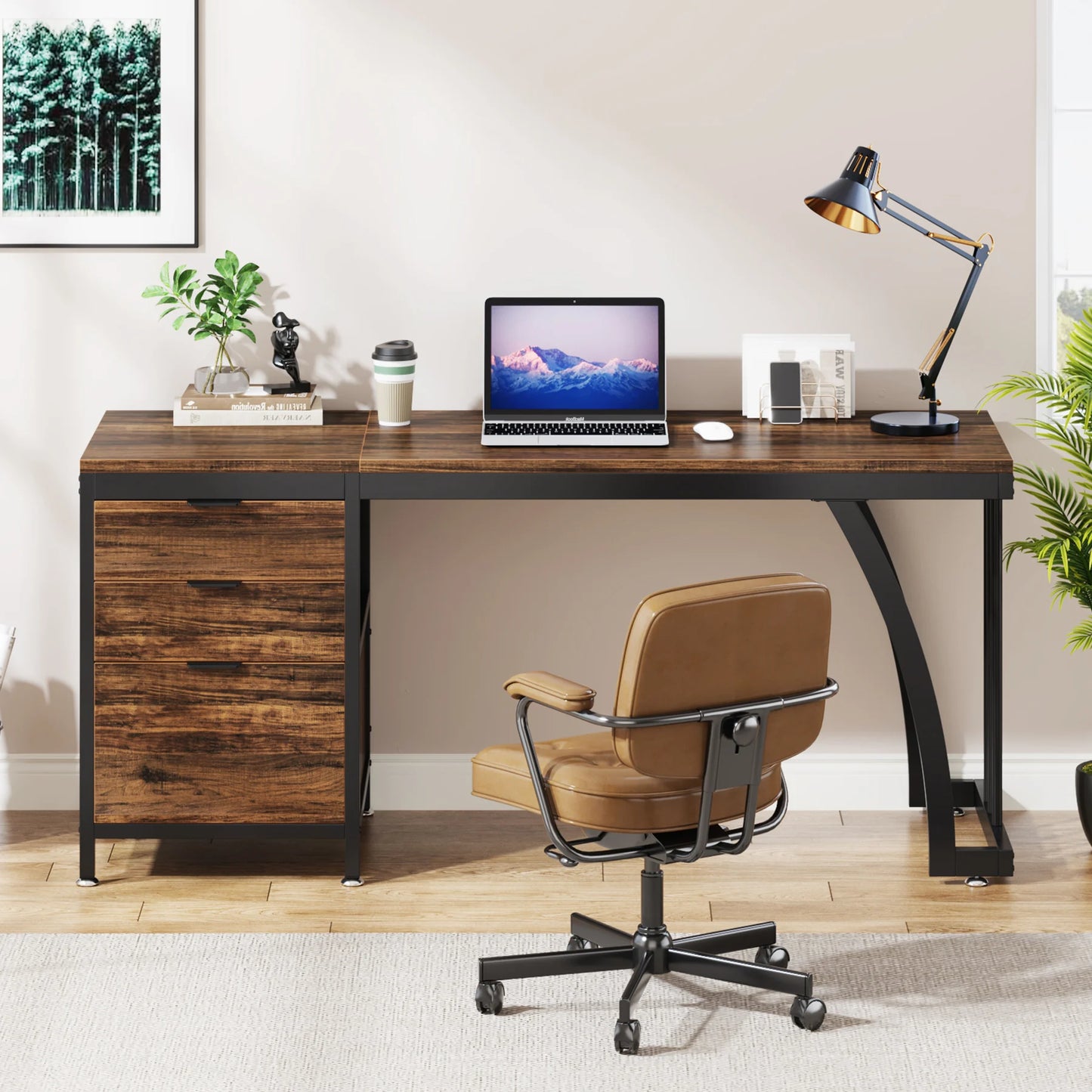 Tribesigns Computer Desk With Three Drawers Industrial Wooden Workstation