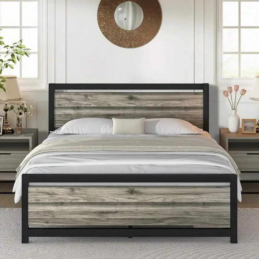 Farmhouse Metal Bed Frame With Wooden Headboard Easy Assembly