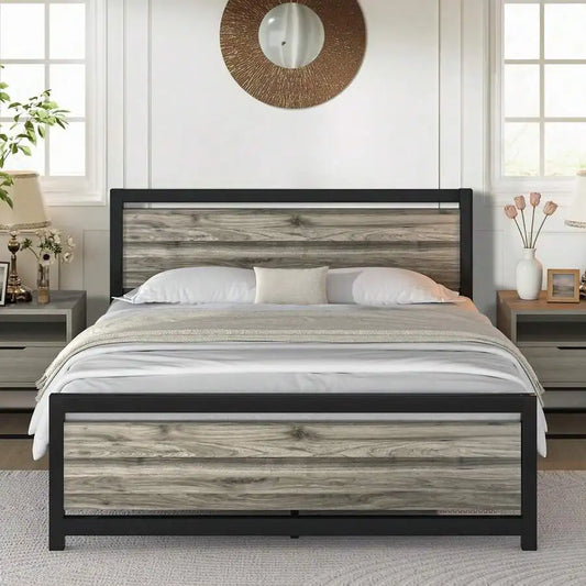 Farmhouse Metal Bed Frame With Wooden Headboard Easy Assembly
