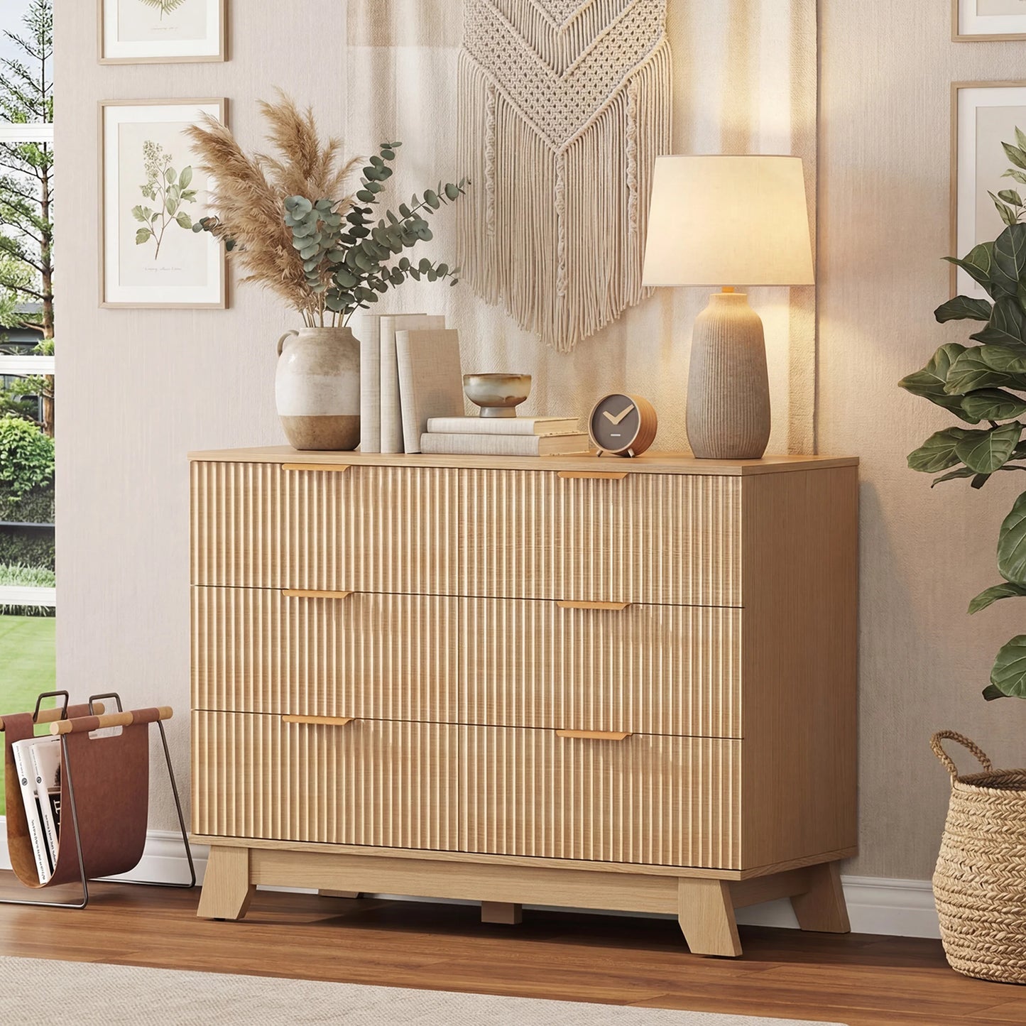 JHK Modern Fluted Wooden 6 Drawer Bedroom Dresser Cabinet