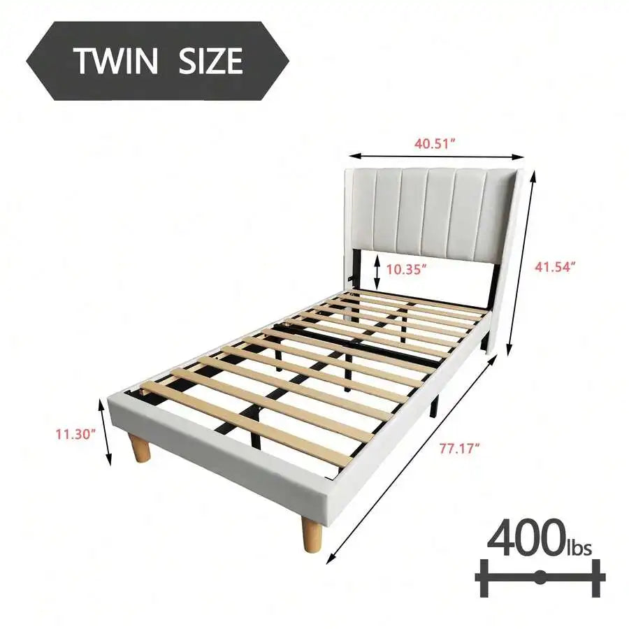 Classic Upholstered Platform Bed Frame With Headboard And Wood Slats