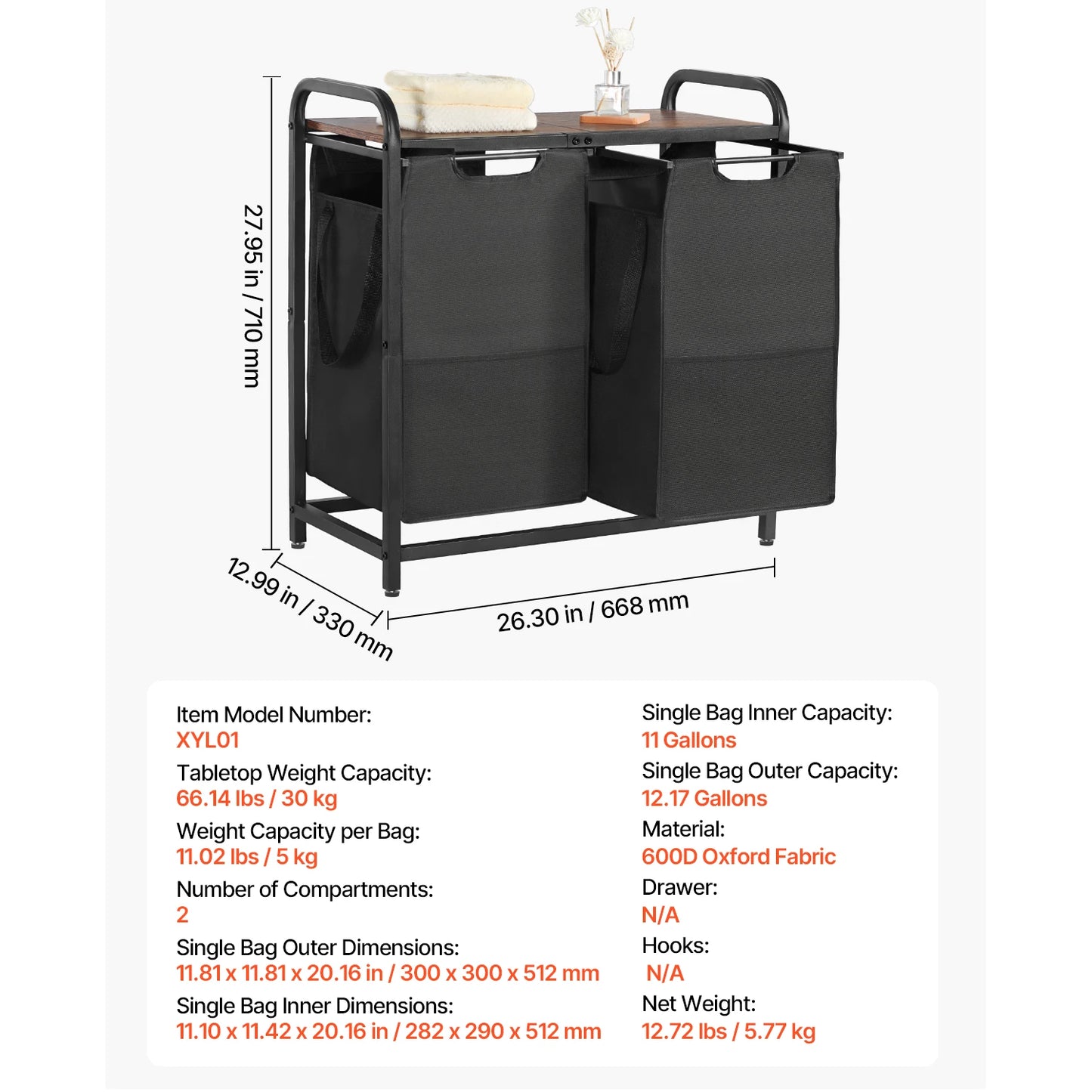 SucceBuy Dual Compartment Laundry Sorter Basket With Metal Frame