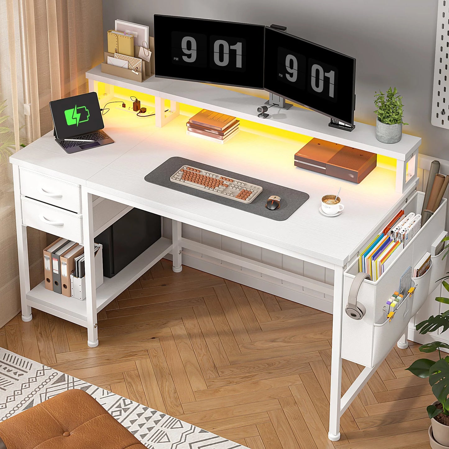 EnHomee Modern Office Desk With Power Outlets And Led Lighting