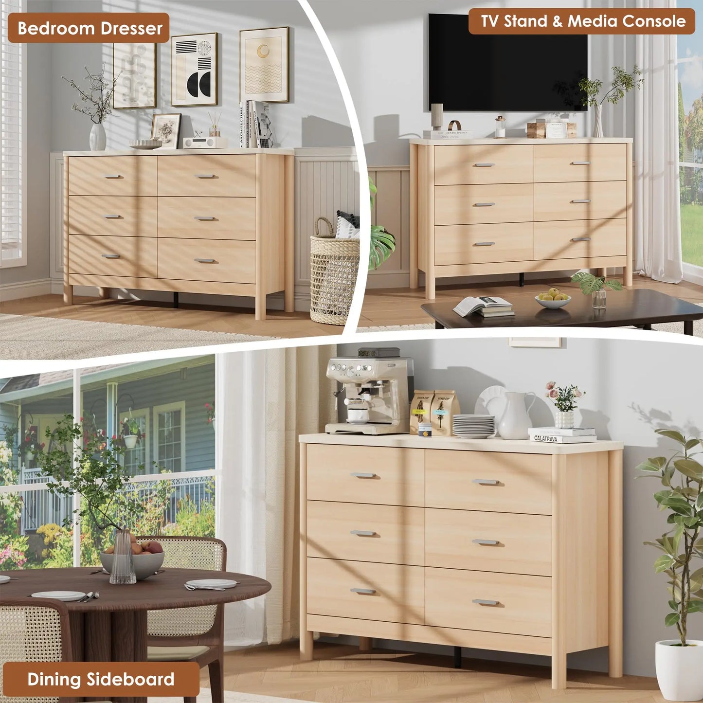 HiMISS 6 Drawer Wooden Dresser and TV Storage Cabinet