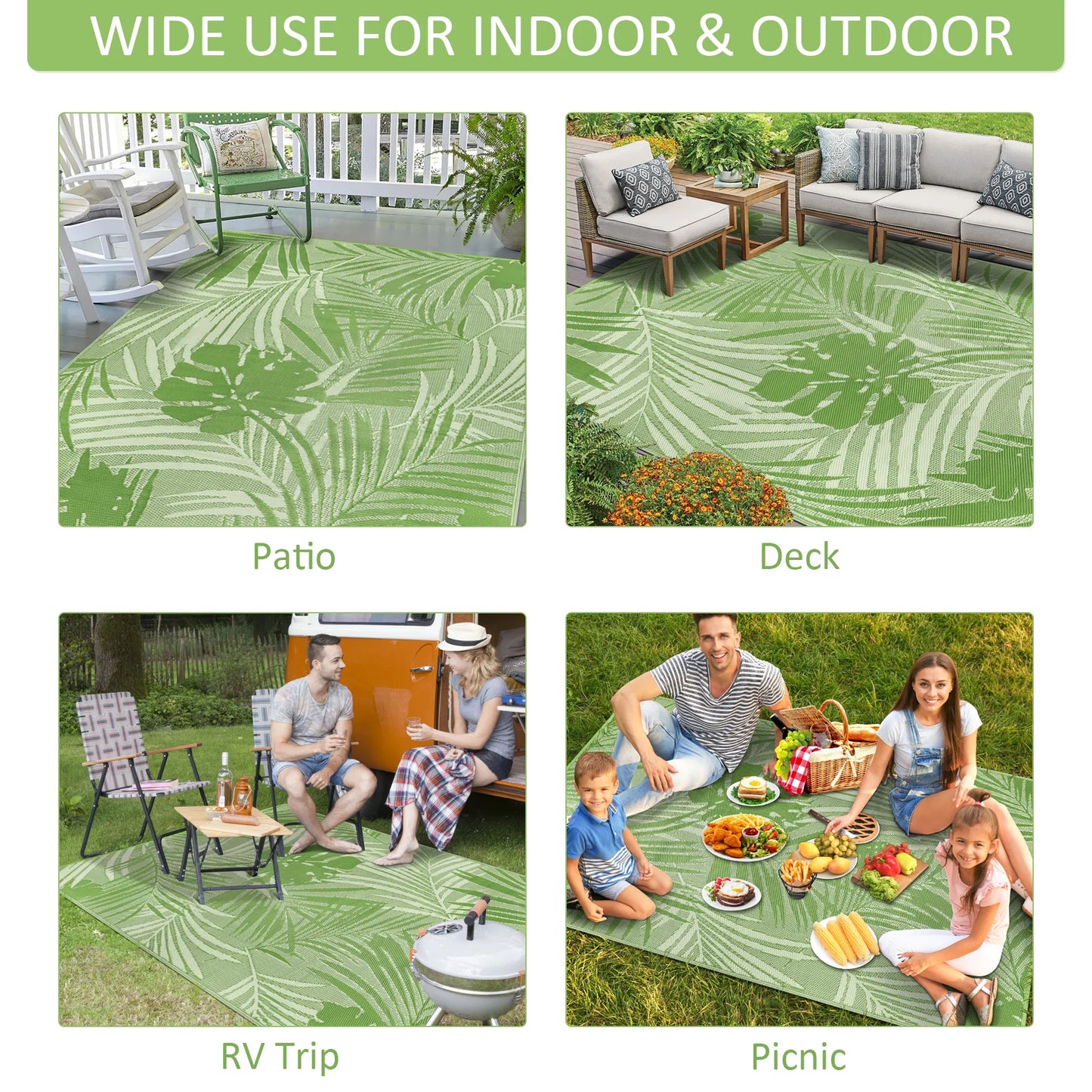 Leaves Pattern Recycled Plastic Straw Outdoor Rope Rug For Patio