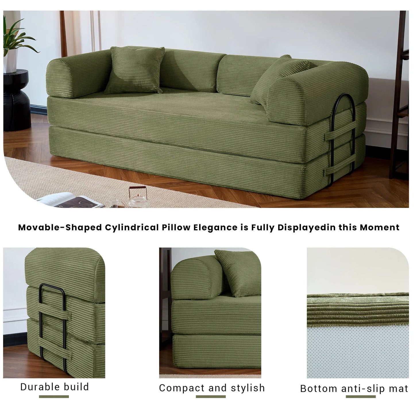 Corduroy Folding Sofa Bed With Removable Cover And Iron Frame