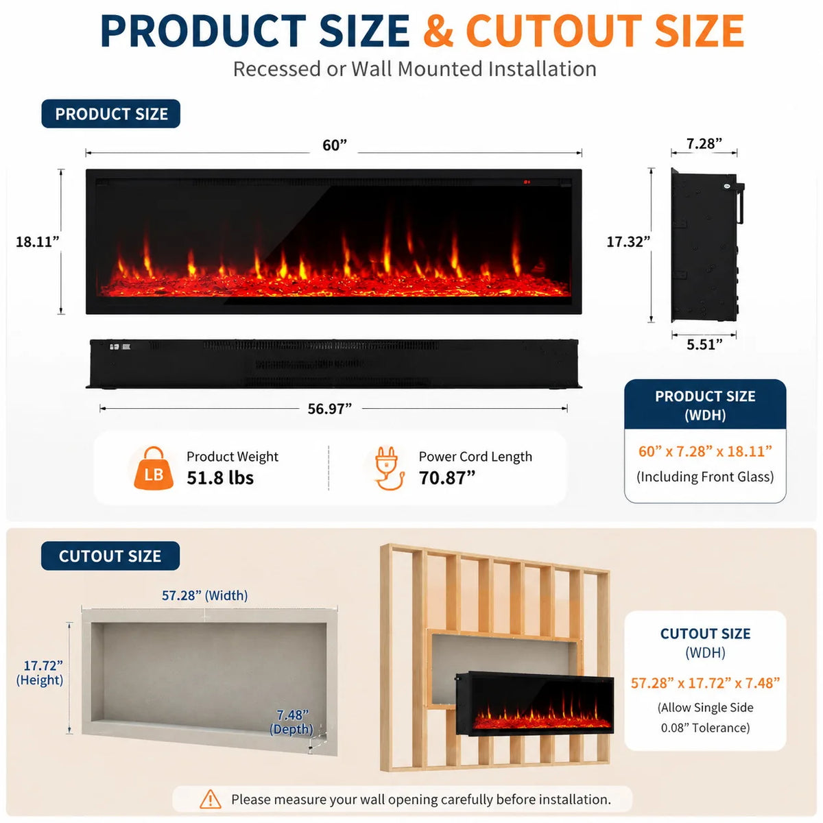 ANIXOL Recessed Wall Mounted Electric Fireplace Heater With Remote