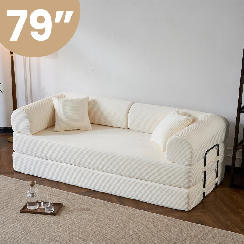 Corduroy Folding Sofa Bed With Removable Cover And Iron Frame