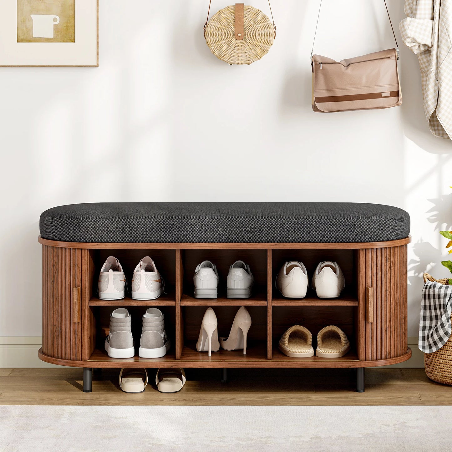 Three Tier Wooden Shoe Storage Bench With Cushioned Seat