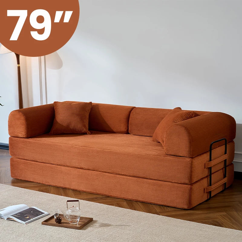Corduroy Folding Sofa Bed With Removable Cover And Iron Frame