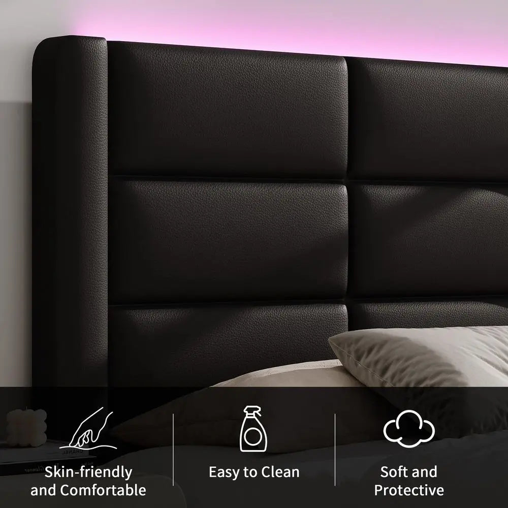 Upholstered Bed Frame With Headboard LED Lights And Wood Slats