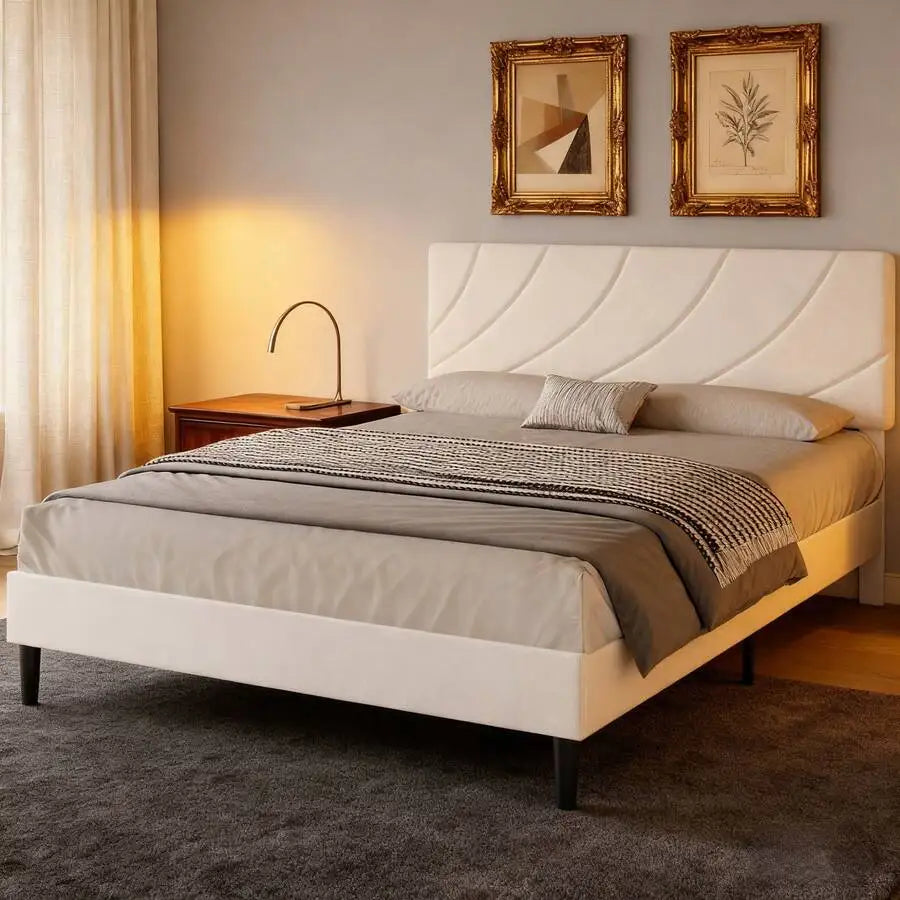 Modern Upholstered Platform Bed Frame With Adjustable Linen Headboard