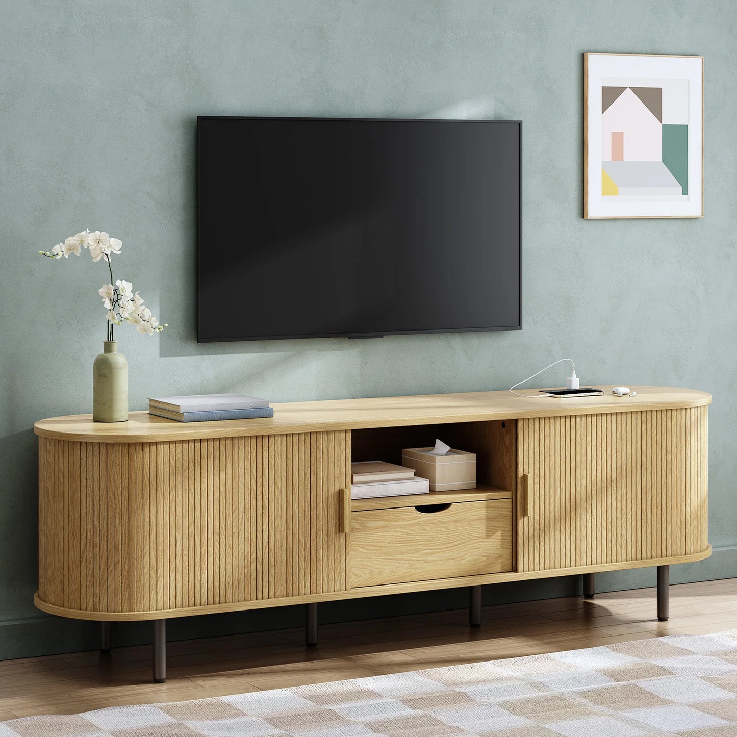 Onbrill Modern TV Stand With Drawer And Adjustable Shelves