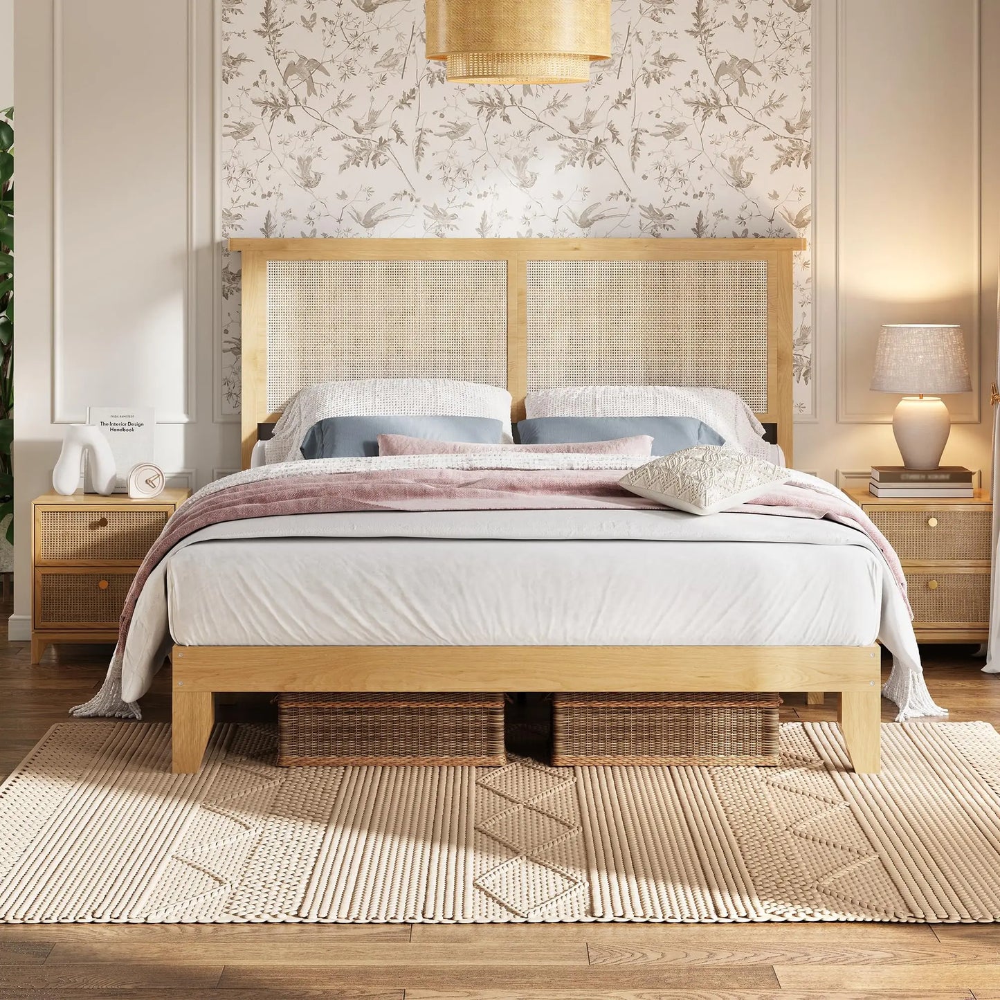 Rattan Bed Frame With Storage Headboard And LED Lighting