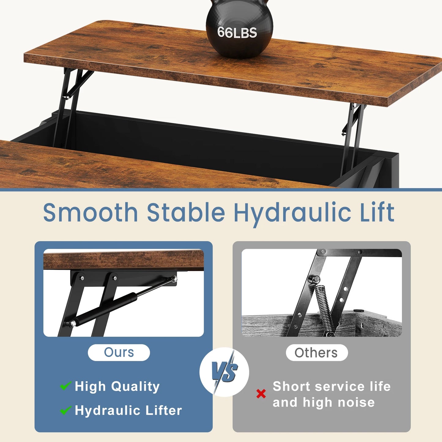 MCQ Wood Lift Top Coffee Table Adjustable Storage Shelf