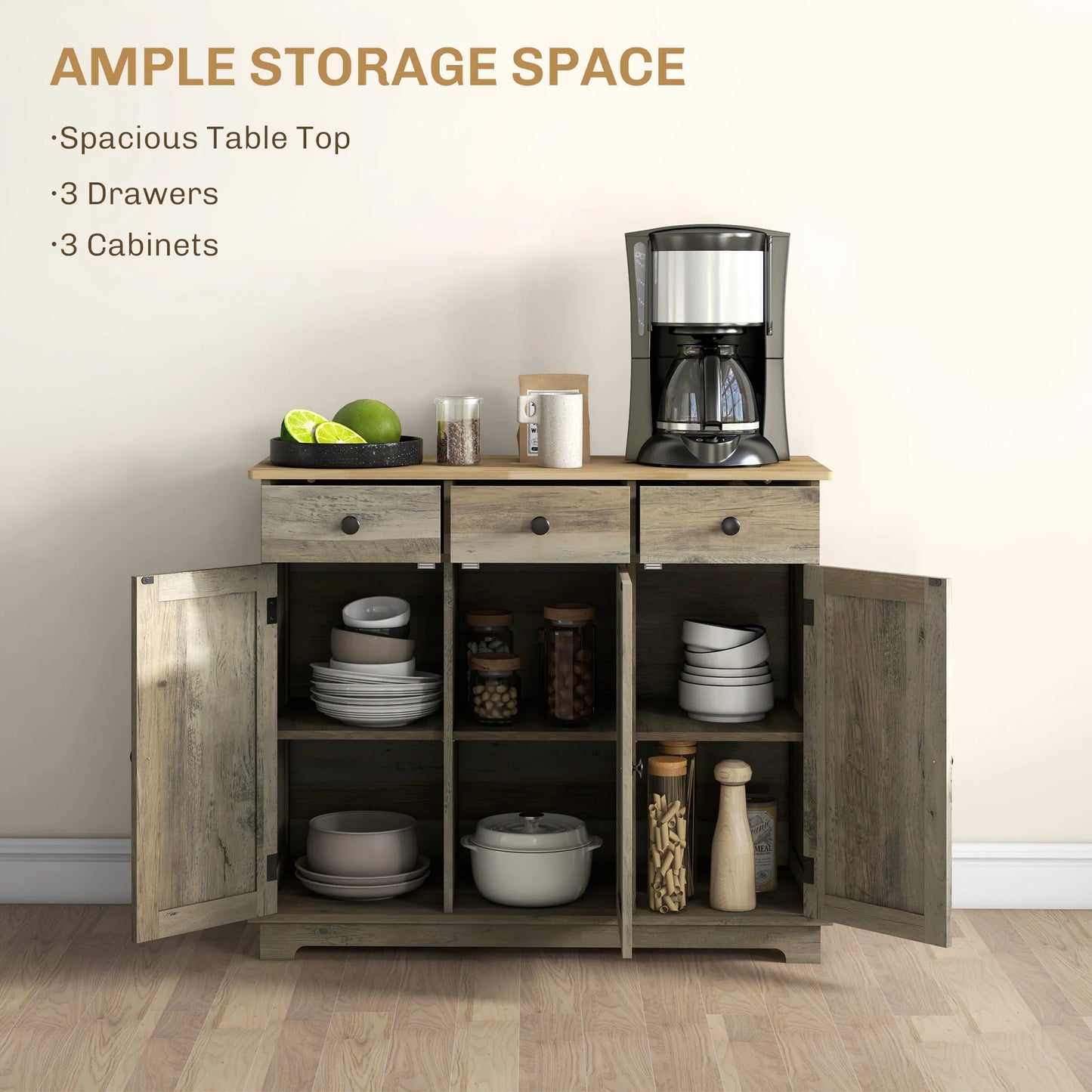 Homcom Modern Sideboard Buffet Cabinet Solid Wood Countertop Storage Drawers