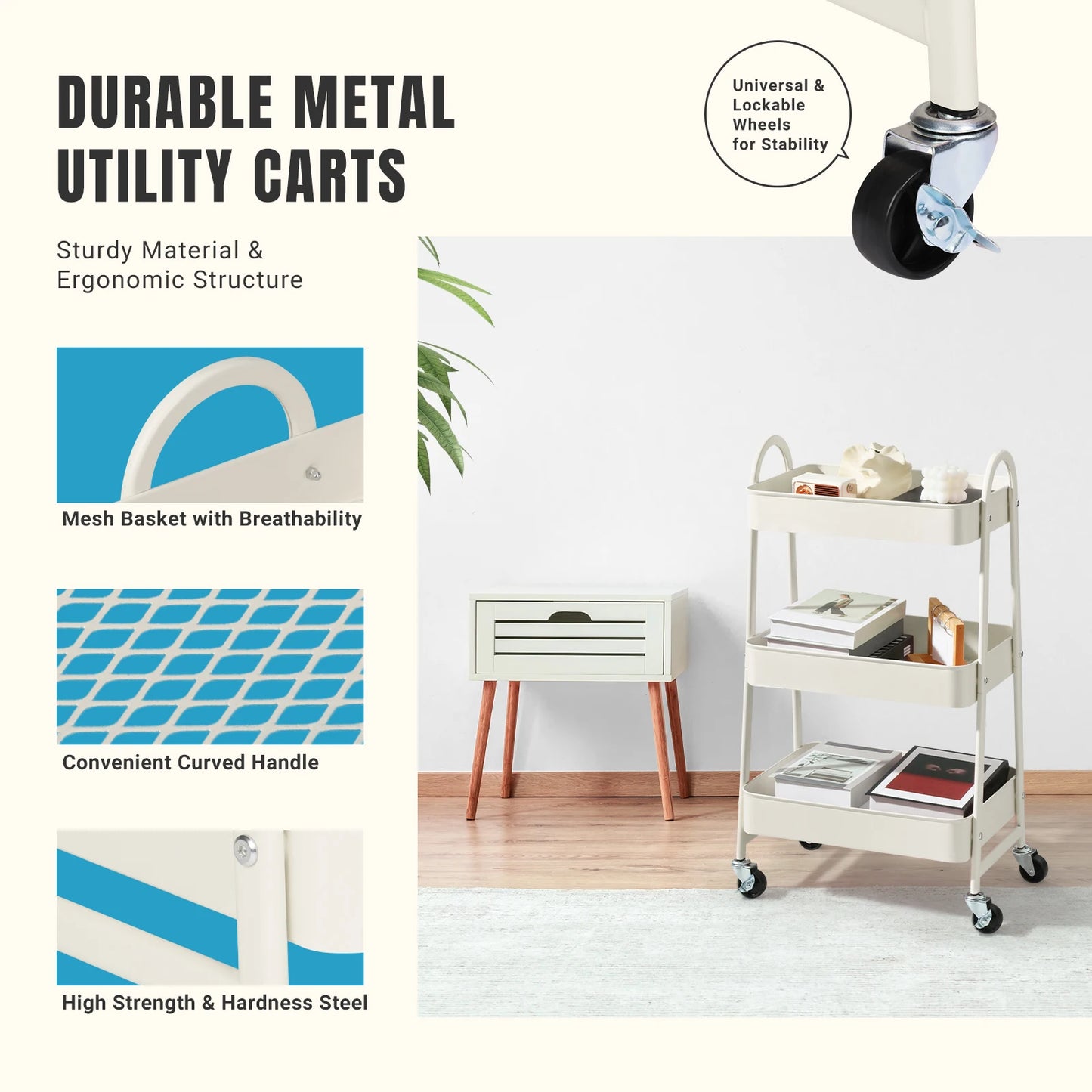 Jhk 3 Tier Rolling Kitchen Storage Cart With Lockable Wheels