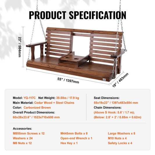 SucceBuy Cedar Wood Porch Swing For Outdoor Patio Bench