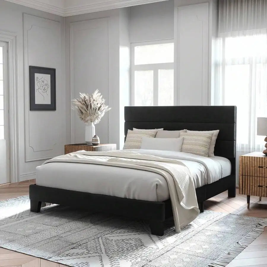 Fabric Upholstered Platform Bed Frame With Wooden Slats