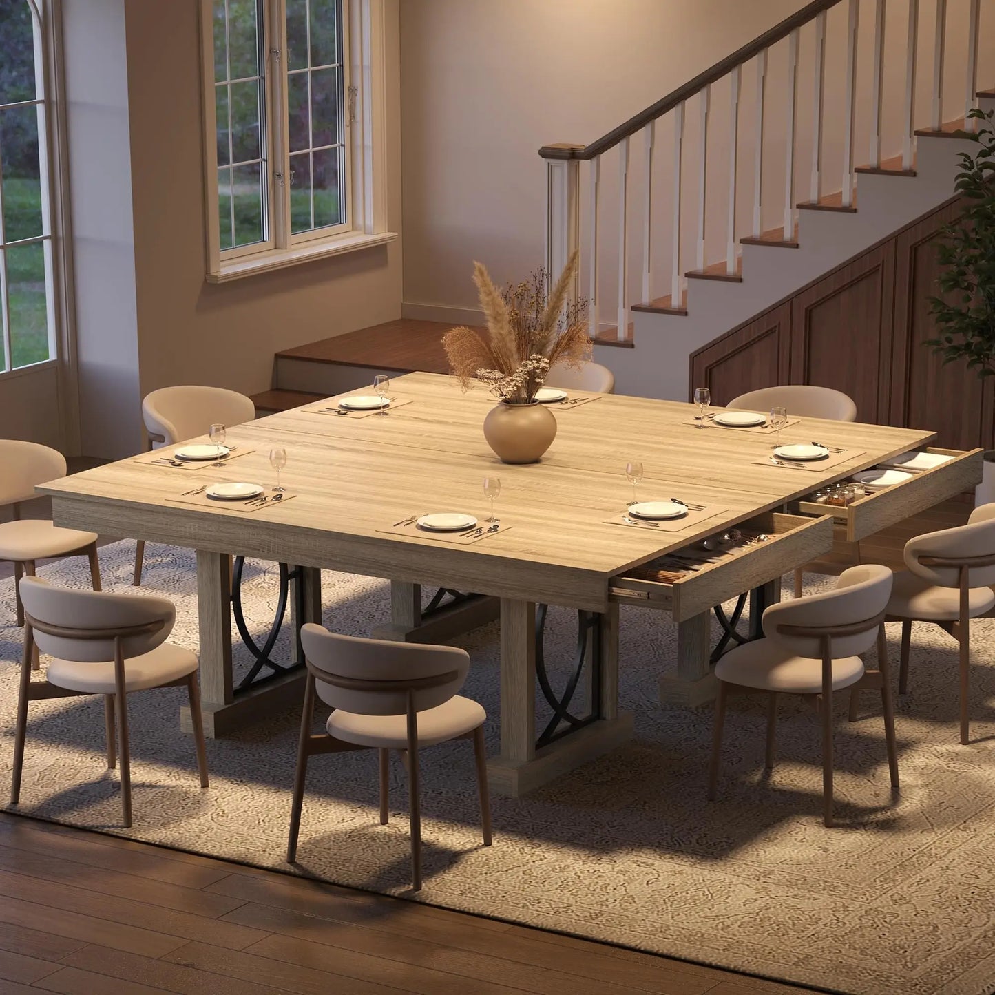 HobbyLane Wood Dining Table With Storage Drawers And Heavy Base