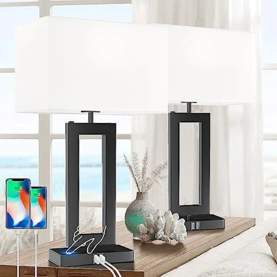 Touch Control Dimmable Table Lamp Set With Usb Charging Ports