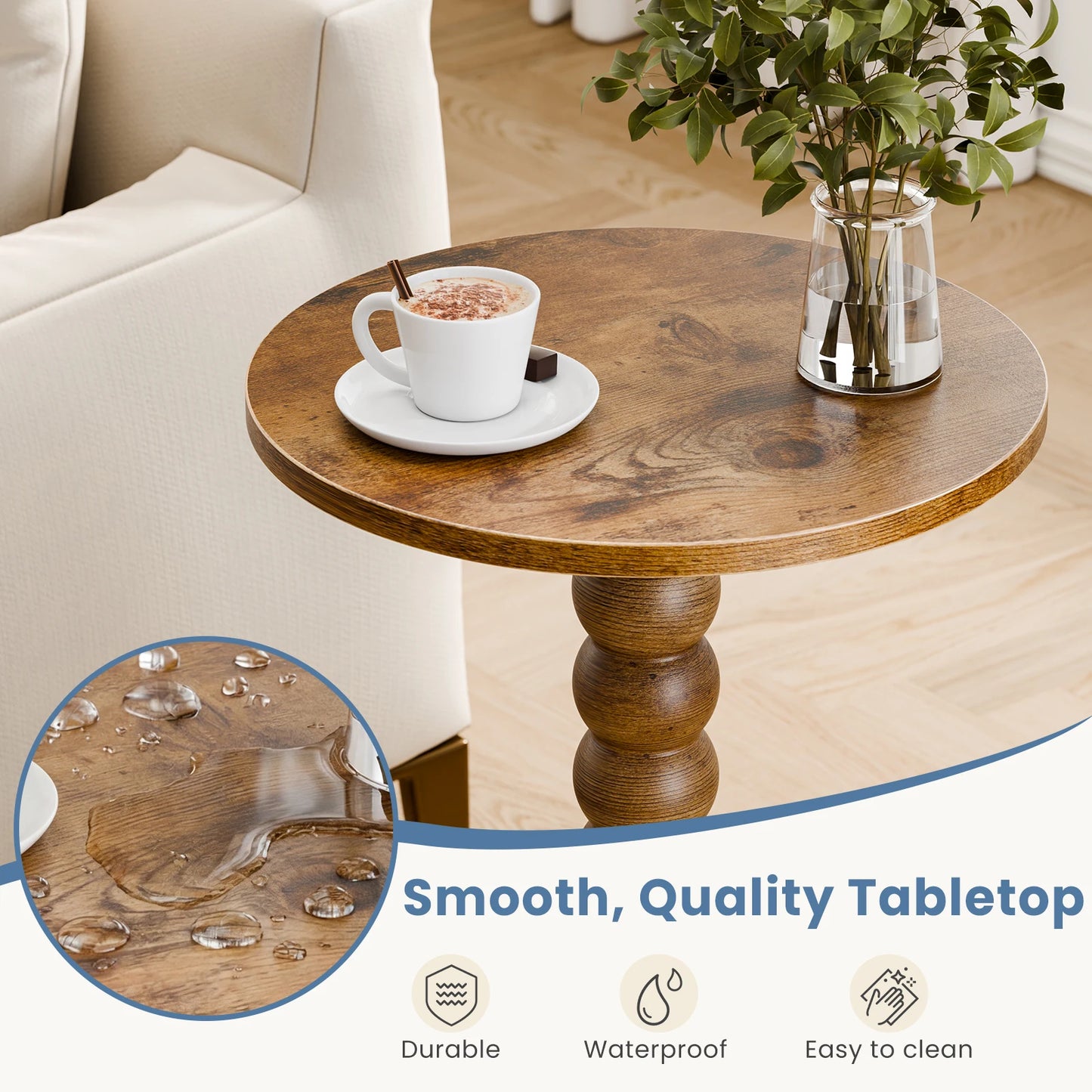 JHK Round Side Table With Wood Base And Storage Shelf