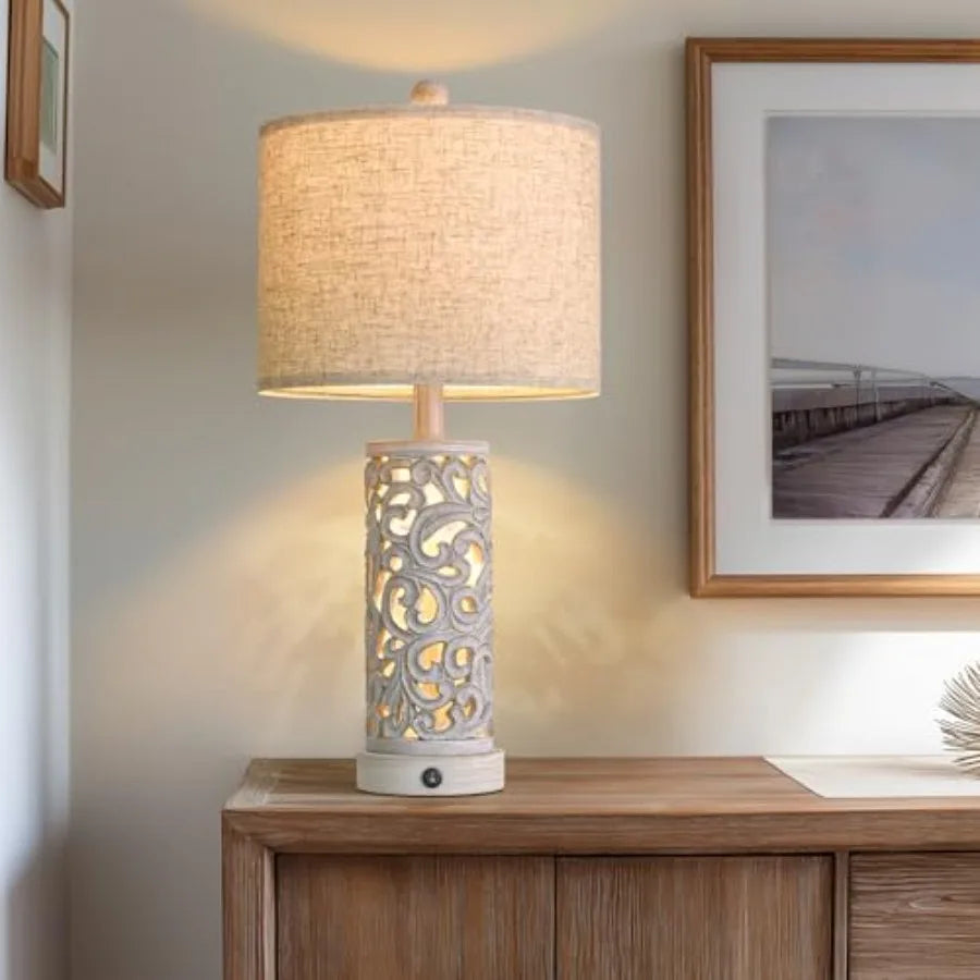 Farmhouse Table Lamp With Dual USB Ports And Linen Shade