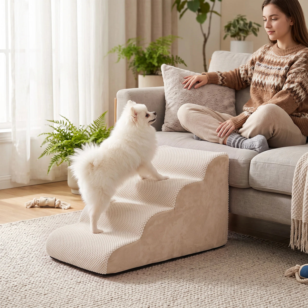 4-Tier Pet Stairs, 20" High Density Foam Dog Steps, Non-Slip Removable Washable Cover Pet Ramp, Safe Climb for Small Dogs, Aged Dogs, Injured Dogs and Low Beds