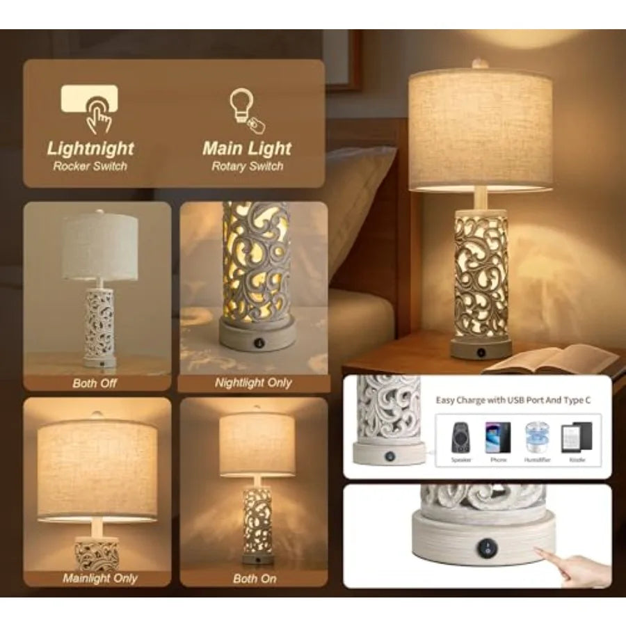 Farmhouse Table Lamp With Dual USB Ports And Linen Shade