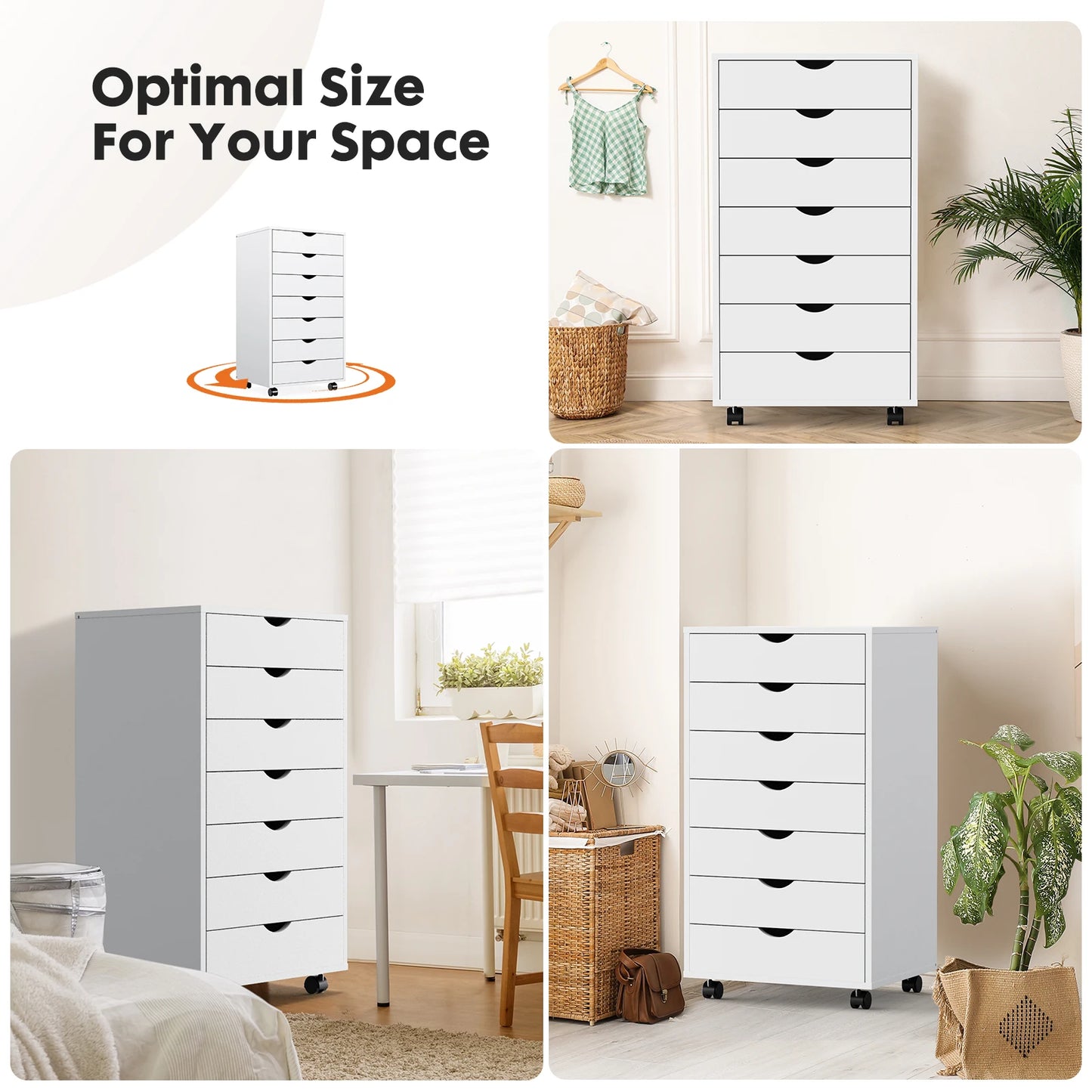 JHK Seven Drawer Modern Wooden Rolling Bedroom Cabinet