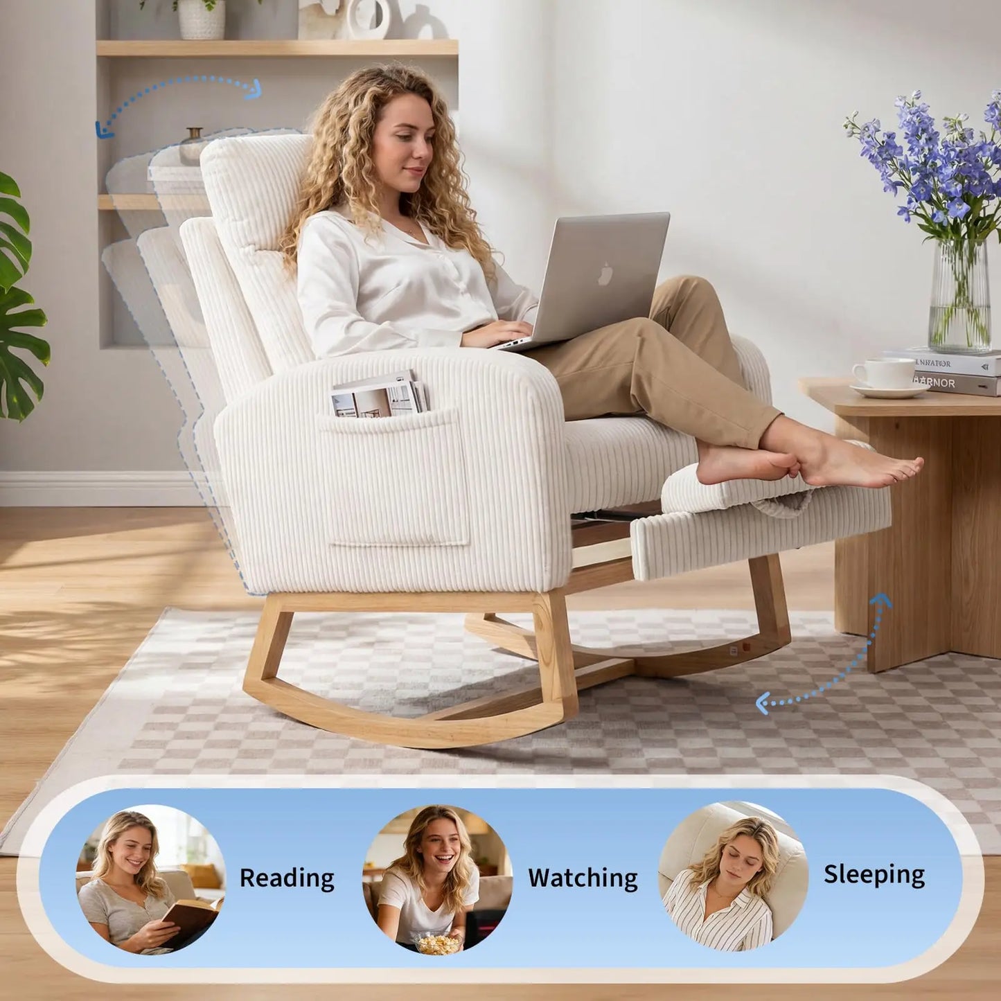 Tufted Corduroy Rocking Chair With Adjustable Footrest And Side Pocket