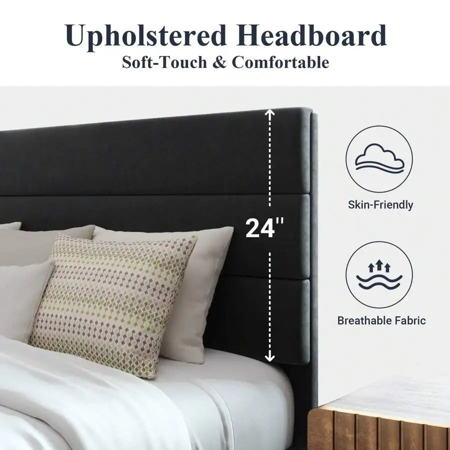 Fabric Upholstered Platform Bed Frame With Wooden Slats