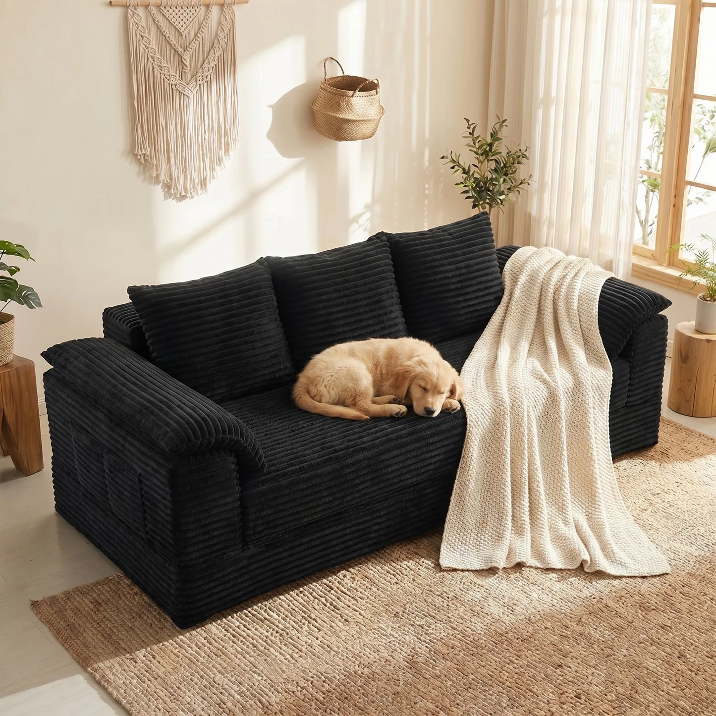 Modern Corduroy Modular Sofa With Reversible Cushions And Cup Holder