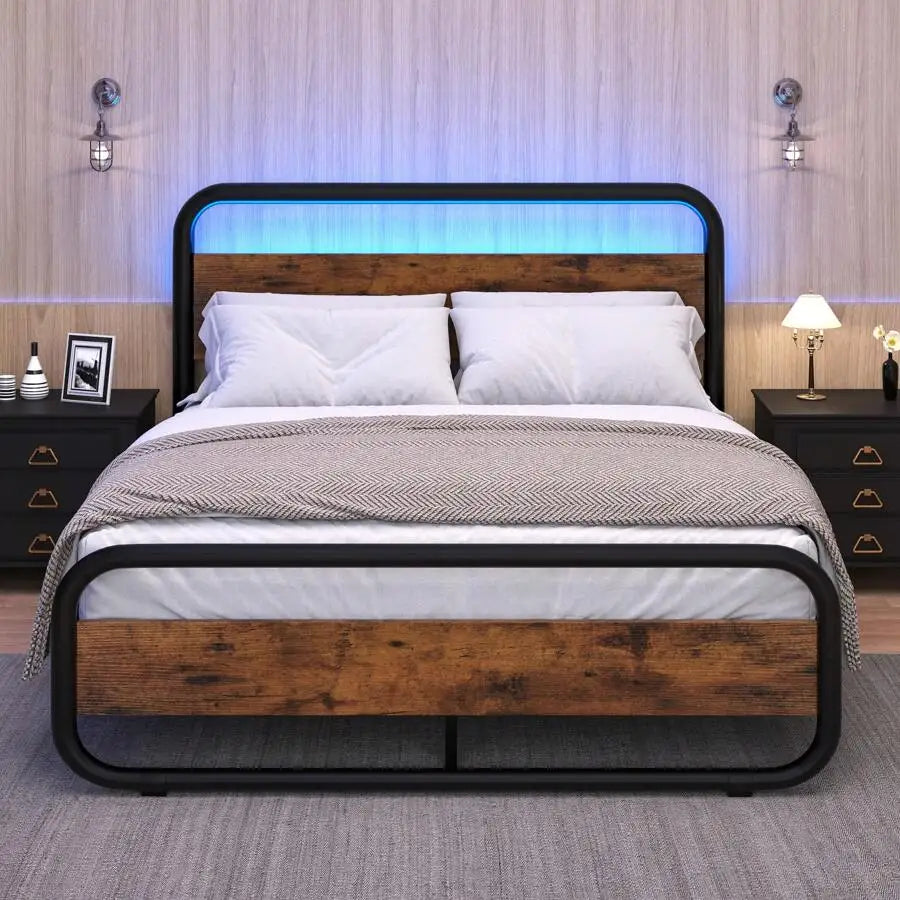 Heavy Duty Metal LED Bed Frame With Headboard And Storage