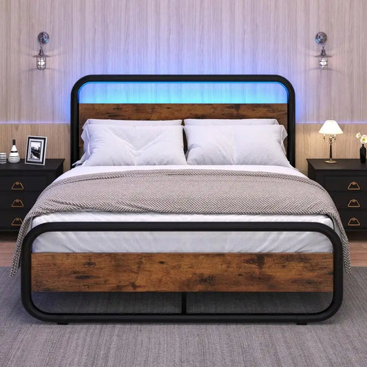 Heavy Duty Metal LED Bed Frame With Headboard And Storage