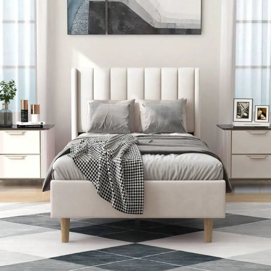 Classic Upholstered Platform Bed Frame With Headboard And Wood Slats