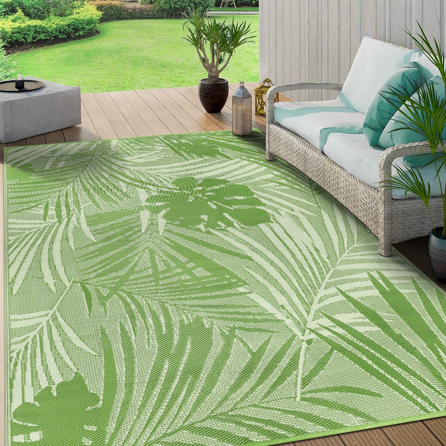 Leaves Pattern Recycled Plastic Straw Outdoor Rope Rug For Patio