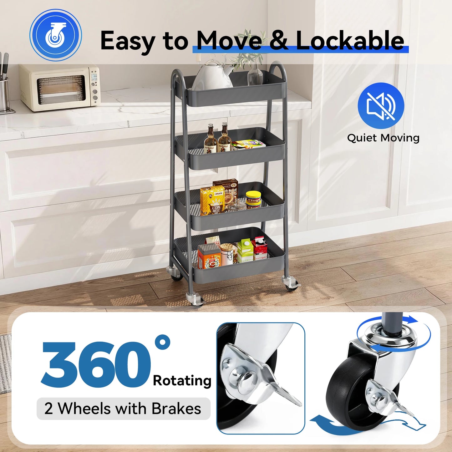 JHK Durable Metal Kitchen Storage Cart With Lockable Wheels