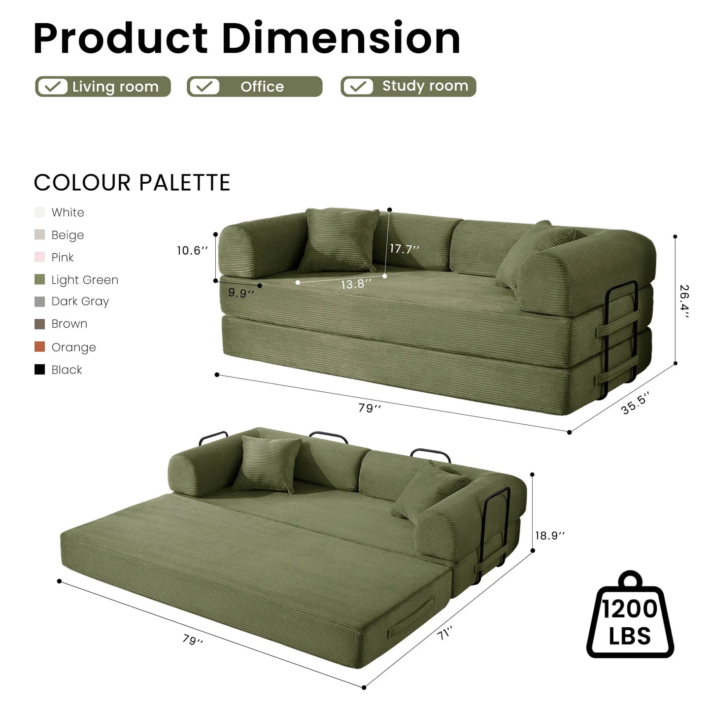 Corduroy Folding Sofa Bed With Removable Cover And Iron Frame