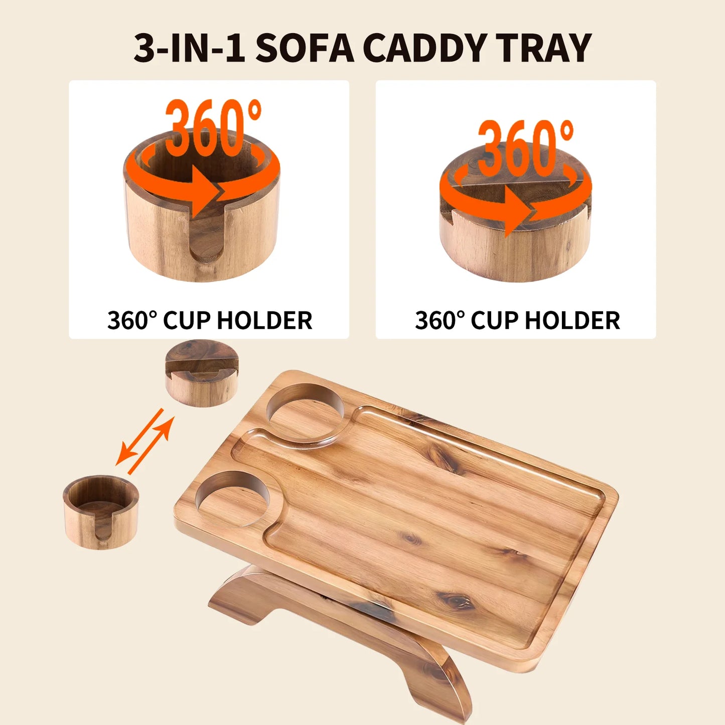 JHK Foldable Sofa Armrest Tray With Phone And Cup Holder