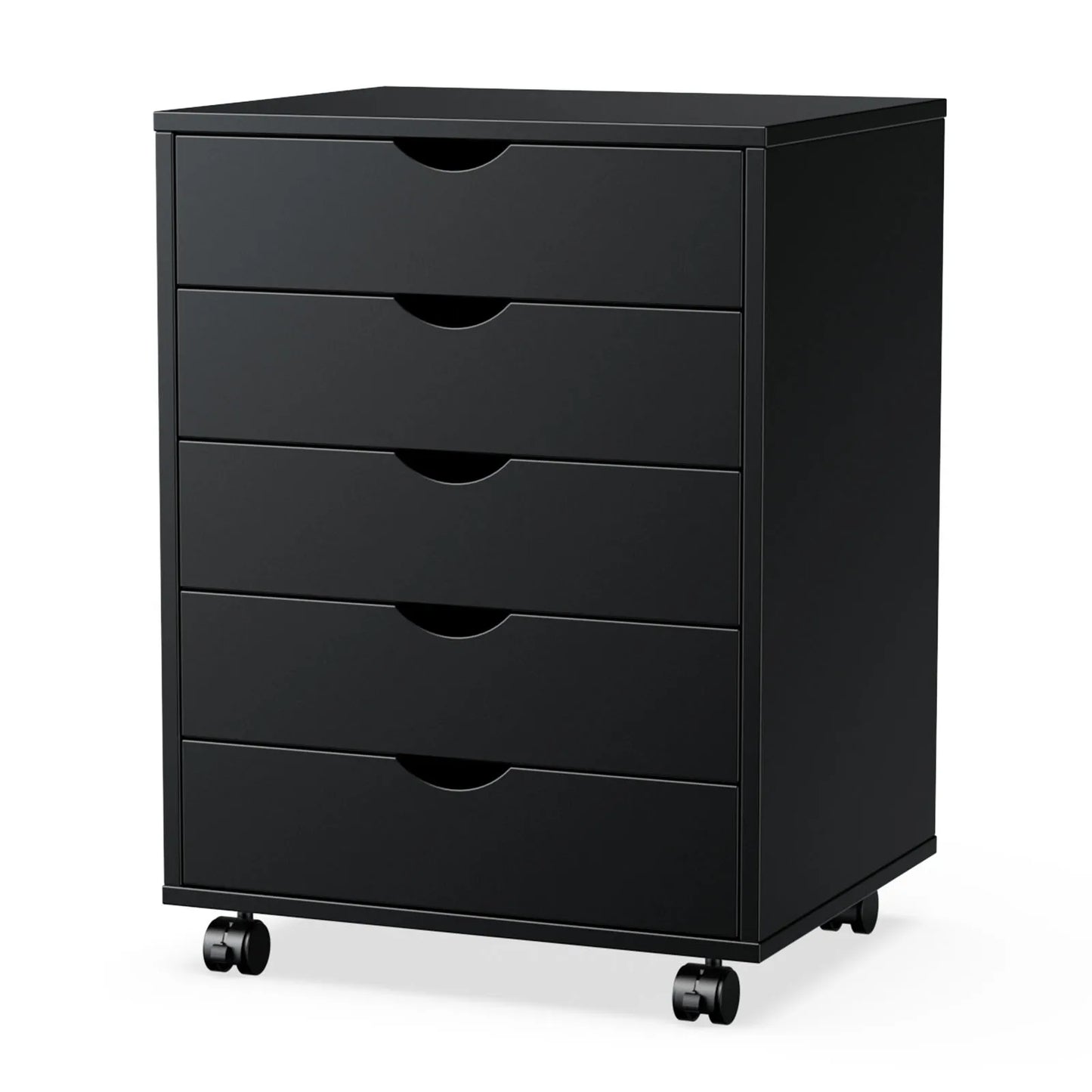 JHK Wood Five Drawer Rolling Nightstand Bedside Table With Storage