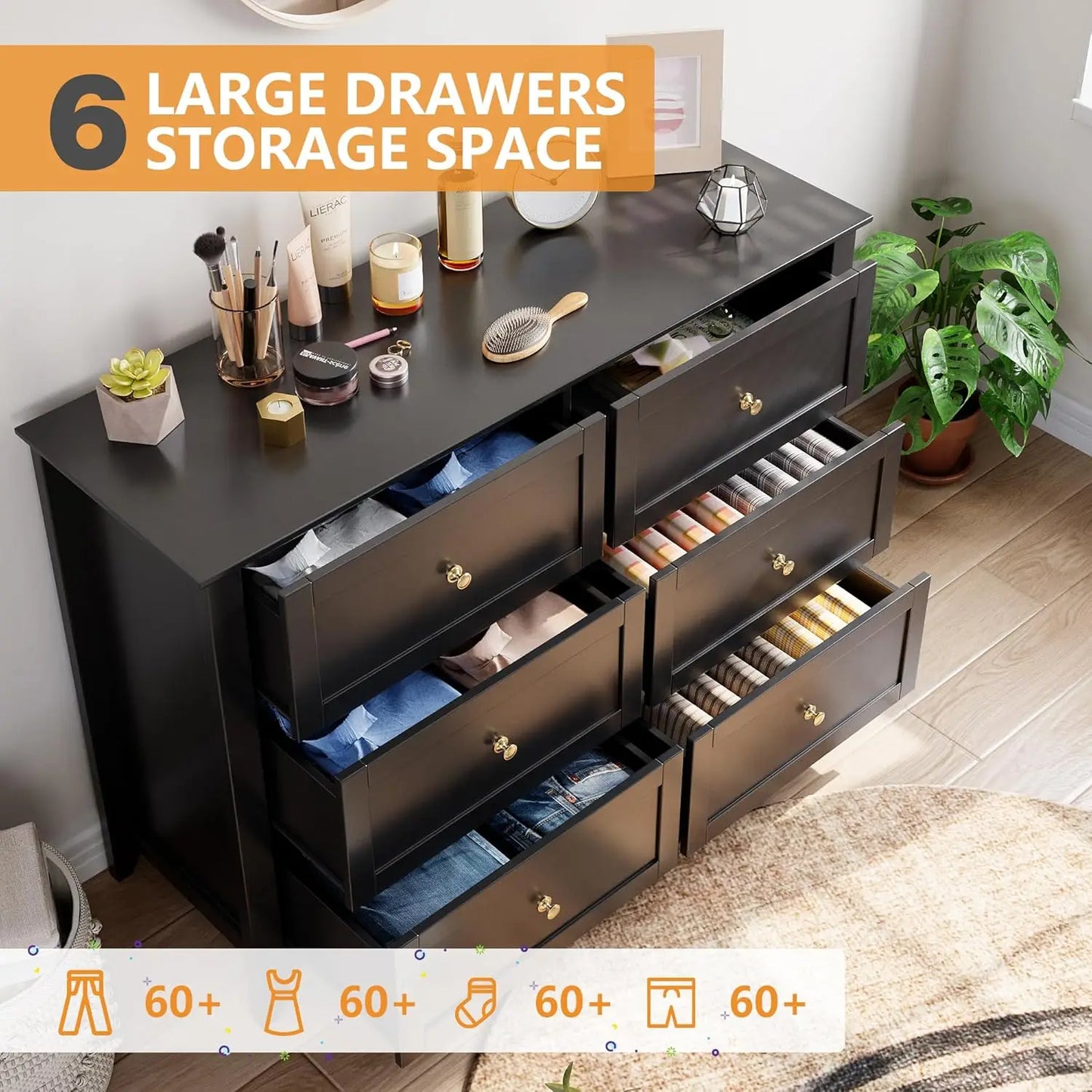 Modern Solid Wood Six Drawer Dresser Bedroom Living Room Cabinet