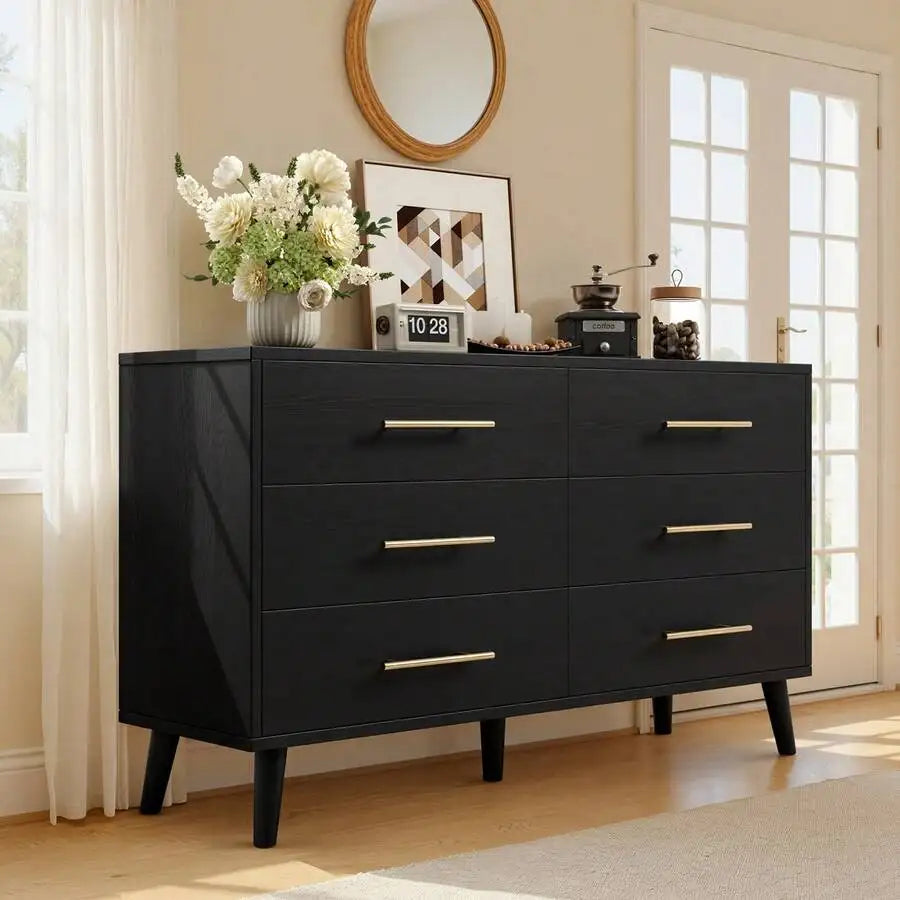 Wood 6 Drawer Dresser With Metal Frame Storage Cabinet