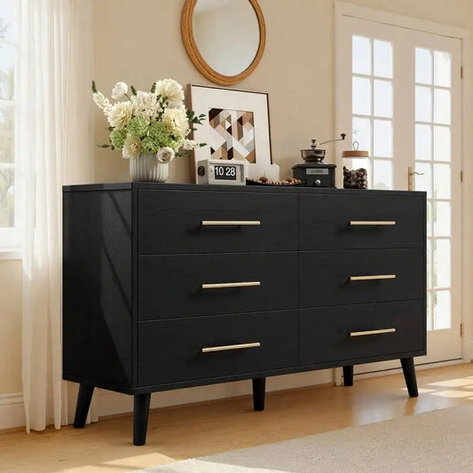 Wood 6 Drawer Dresser With Metal Frame Storage Cabinet